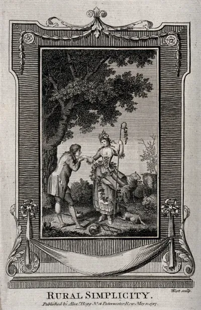 A young man pays court to a young shepherdess