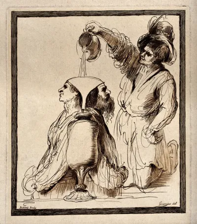 A young man pouring liquid into a vase through a funnel seen between a woman facing to left and a man facing to right