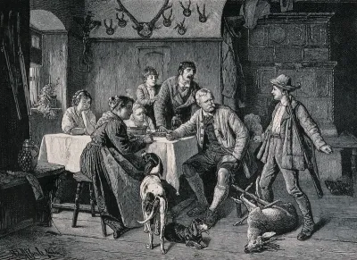 A young man proudly brings the first roebuck he has killed to show his family