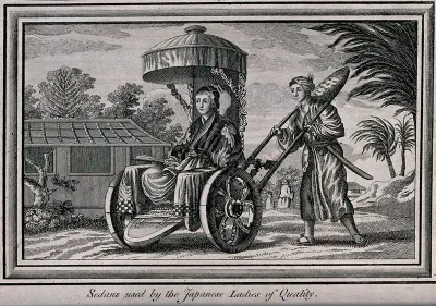 A young man pushing a lady in a wheel chair or rickshaw