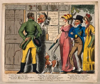 A young man puts his head through the window of a barber's shop where glass has been replaced by paper; the barber inside responds by putting his head through another paper pane: a man and two women walk by