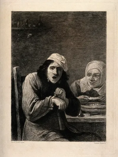 A young man removing a bandage from his hand, while an old woman offers him another; representing the sense of touch