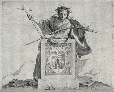 A young man (representing sanctity?) holding the cross and a palm branch leans over a coat of arms; on the ground are two books