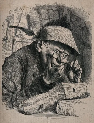 A young man sits reading ledgers at his desk wearing spectacles and an eyeshade