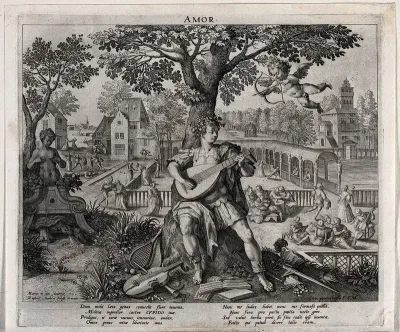 A young man sitting under a tree playing music surrounded by musical instruments, sports equipments and an open purse, while Cupid is aiming at him; representing the power of Love