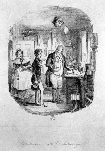 A young man visiting a surgeon-apothecary in his workroom, where the proprietor shows him one of his prize natural history specimens