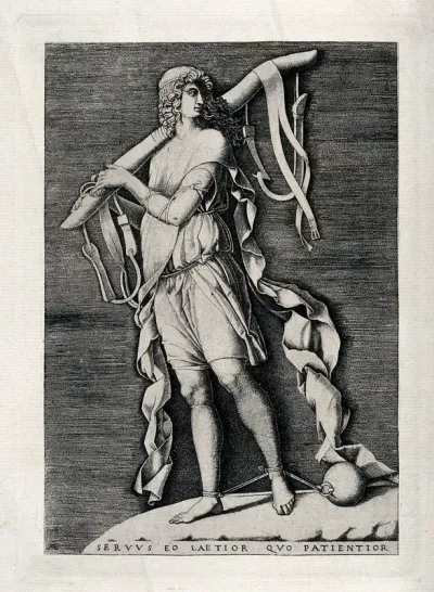 A young man walking to left, facing right, supporting a yoke on his right shoulder, with both ankles bound and attached to a ball; representing joyful servitude
