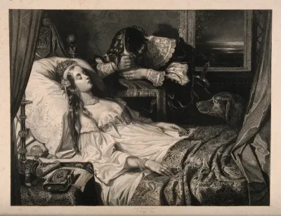 A young man weeps in grief by the death bed of a young woman