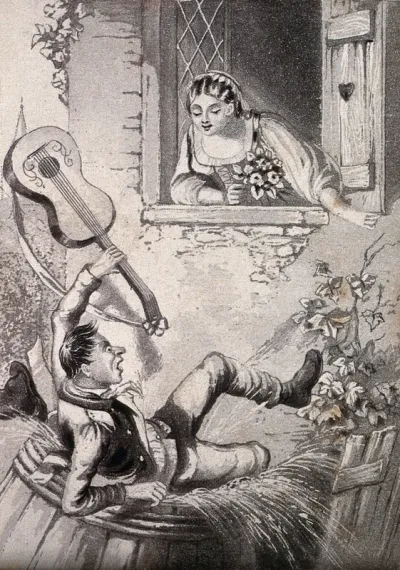 A young man who has been serenading a young woman with a guitar below her window falls into a water butt when the cover breaks; she comes to the window, drawn by the commotion
