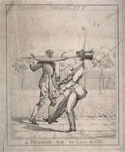 A young man who walks straight into a butcher delivery boy's meat tray (poking his eye out), while the boy looks the opposite way