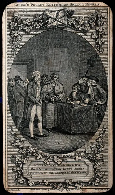 A young man (William Booth) stands before a table at which sit a magistrate and his clerk; a boy whispers something into the magistrate's ear