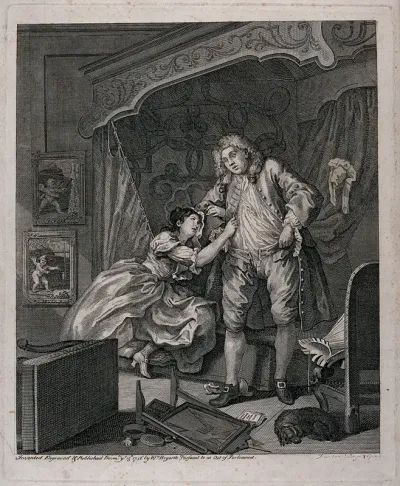 A young man with an exhausted expression after sex pulls on his breeches beside a woman who gazes up at him and holds his arm; on the wall is an image of Cupid pointing to a downward-pointing rocket