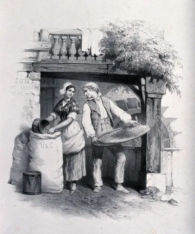 A young man working in a watermill holds a large flat basket of bran and gazes adoringly at a young woman as she measures out bran into a drum