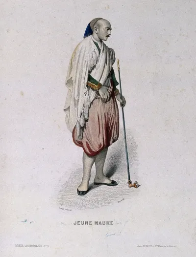 A young Moorish man smoking a long-stemmed pipe