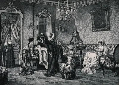 A young mother with a new-born baby is visited by a group of enthusiastic women