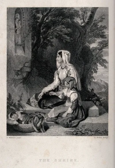A young mother with her children in religious contemplation before a shrine of the Virgin and Child