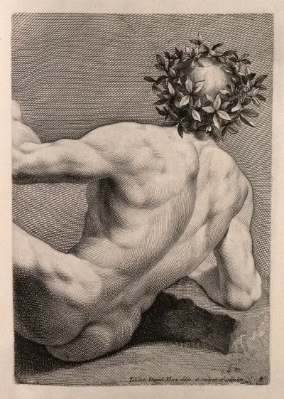 A young, naked man with a wreathed head: back view