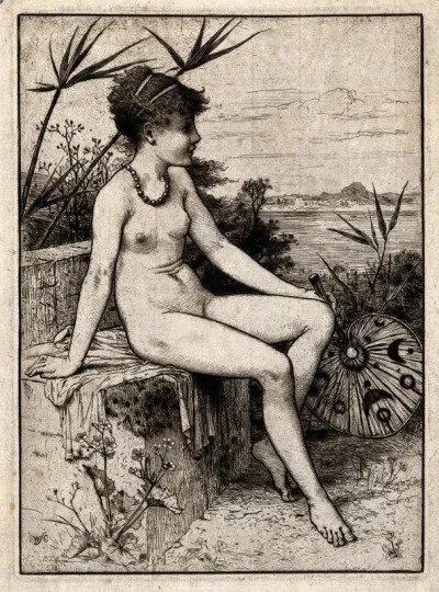 A young naked woman holding a Japanese fan is seated in a landscape