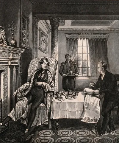 A young nobleman listens as a lawyer tells him he has come into his inheritance