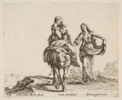 A young peasant woman and her child sitting side saddle atop a horse in center, another peasant woman to right, holding a large bag in her left arm, plate 14 from "Diversi capricci"