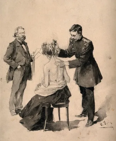 A young physician in military uniform applying an instrument to a woman's neck, while an older man with papers in hand is watching him