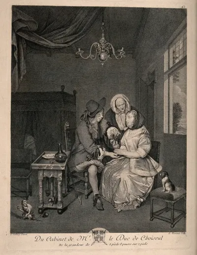 A young physician stirring a medicinal mixture for a female patient, the patient's mother reassures her, a urine flask is on the table
