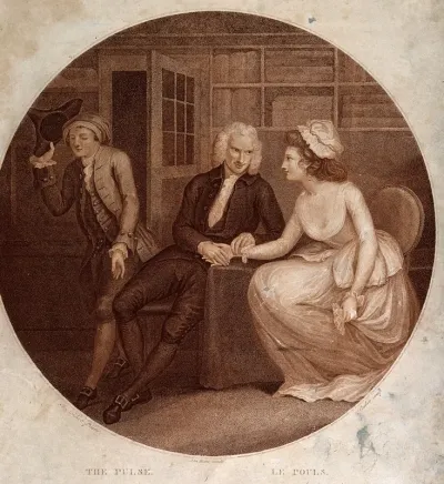 A young physician taking the pulse of a woman with whom he is flirting, a young man passing by raises his hat