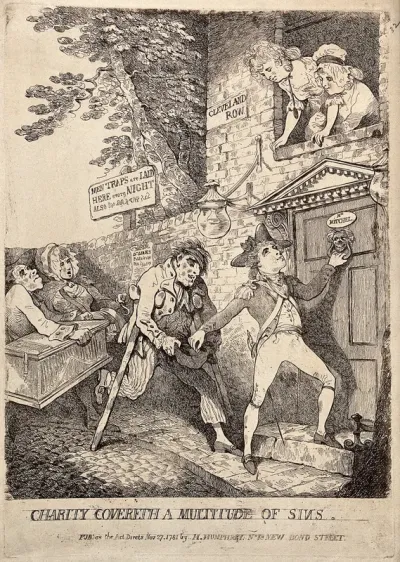 A young soldier puts a coin into the hat of a wounded sailor as he knocks to gain entry to a brothel