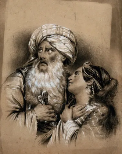 A young tearful woman looking up imploringly at a turbaned man who anxiously looks away