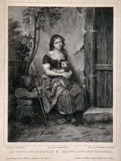 A young widow has had the door of her cottage sealed against her and sits on a stone outside with a few belongings and a child on her lap
