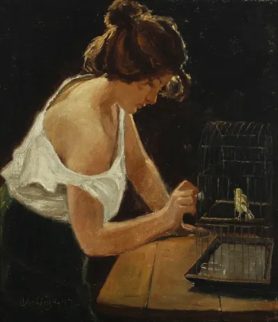 A young woman at a birdcage.