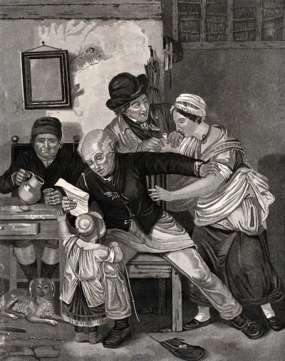 A young woman attempts to get hold of a letter which an old man is reading out to the apparent amusement of the other men