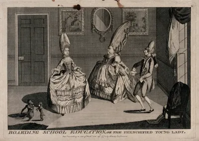 A young woman being instructed to dance by an older woman, both of them dressed in extreme fashions, while a foreign dancing master accompanies them on the violin