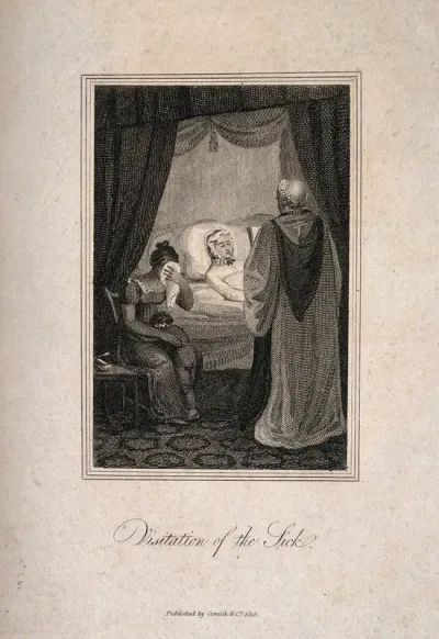 A young woman being visited by a member of the clergy while another woman cries beside her