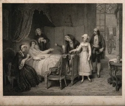 A young woman comes to visit a sick young man in hope that her love will cure him, surrounded by relatives
