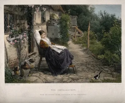 A young woman convalescing in a country garden watches a bird feed on bread
