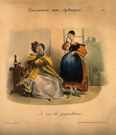 A young woman dabs her eye as her mother looks askance; she suspects the onset of cholera