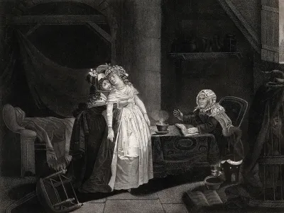 A young woman dressed in white faints after hearing the predictions of a fortune-teller