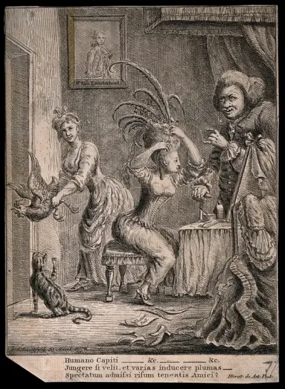 A young woman dressing her hair with feathers; an old man looks on and a maidservant pushes a cockerel out through a door