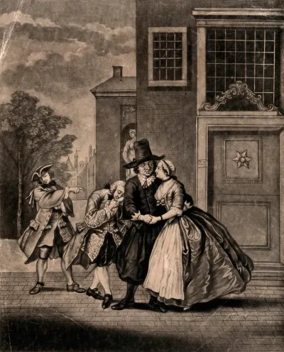 A young woman encourages the attentions of an old man while offering her hand behind his back to a younger one