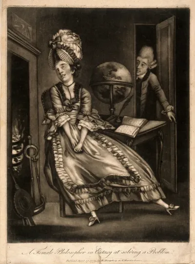 A young woman engrossed in raptures at her desk, with her hands in her lap: a man [a servant?] appears in the background