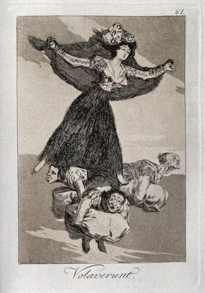 A young woman flying in the air with a butterfly on her head, surrounded by three crouching figures by her feet