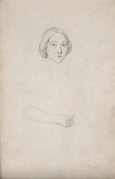 A young woman, front view, right forearm only partially completed
