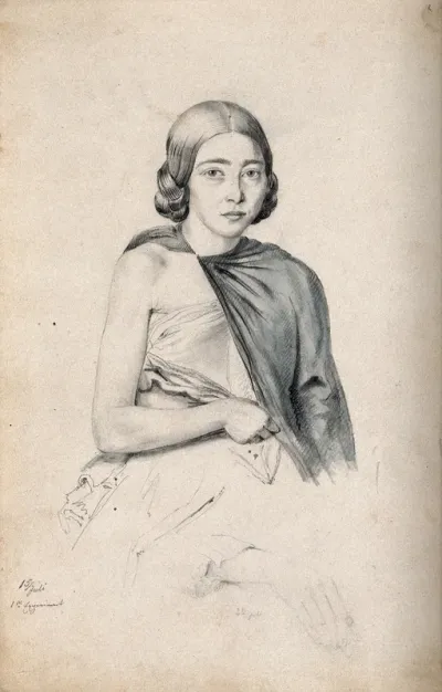 A young woman, front view, right shoulder exposed