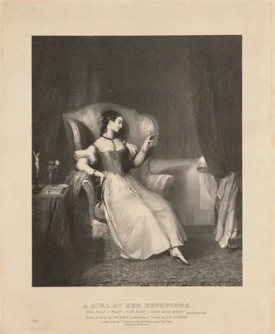 A young woman gazing at the portrait of her beloved and ignoring religion