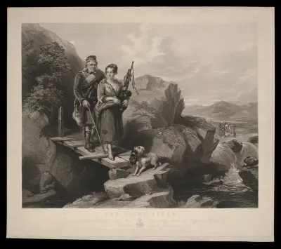 A young woman guiding a blind bag-piper over a bridge in Scotland