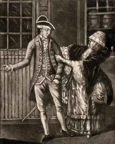 A young woman hangs onto a young man's arm and offers him an invitation