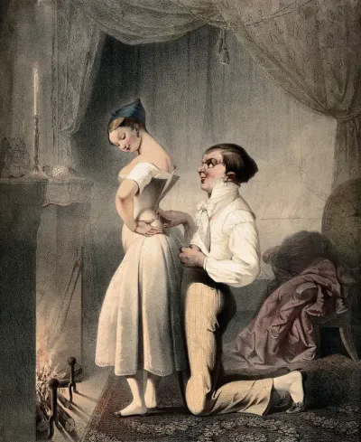 A young woman has the laces of her bodice loosened by her new husband on their wedding night