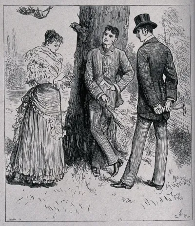 A young woman, holding flowers in her hand, talking to two men standing under a tree