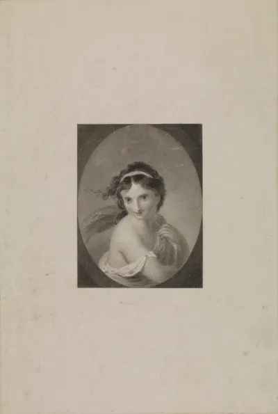A young woman, holding her garment at the shoulder with her left hand